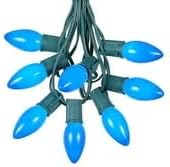 25 Foot C9 Blue Ceramic Christmas String Light Set - Outdoor Roofline Light String - Opaque Bulbs - Green Wire