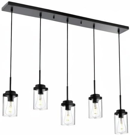 MELUCEE Kitchen Island Lighting Modern 5 Lights Linear Chandeliers for Dining Room, Industrial Black Pendant Light Fixtures Ceiling Hanging with Clear Glass Shade, 37 Inches Length