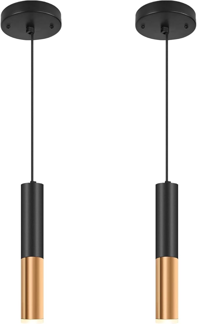 Simple and Modern Black Cylindrical Pendant, 1-Light Chandelier with Adjustable Rope, Matching GU10 Sockets for Living Room, Bedroom and Dining Room (Wide Beam Angle) (2 Pack)