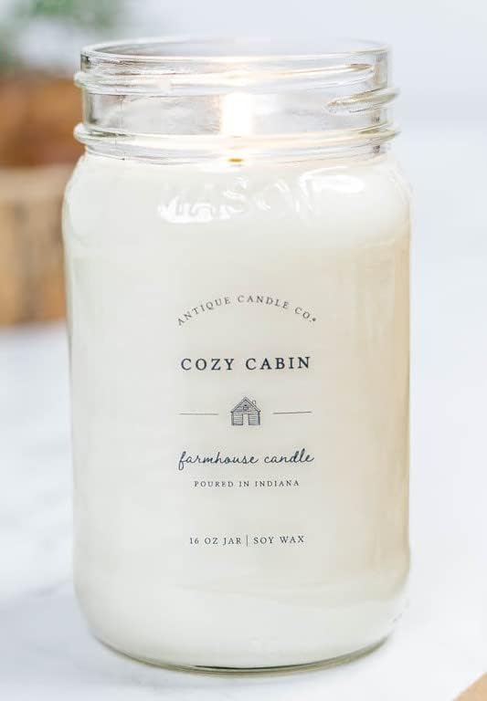 Antique Candle Co.® Cozy Cabin 16 Ounce Soy Wax Candle, 80 Hour Burn Time, Cotton Wick, Mason Jar Candle (Cozy Cabin)