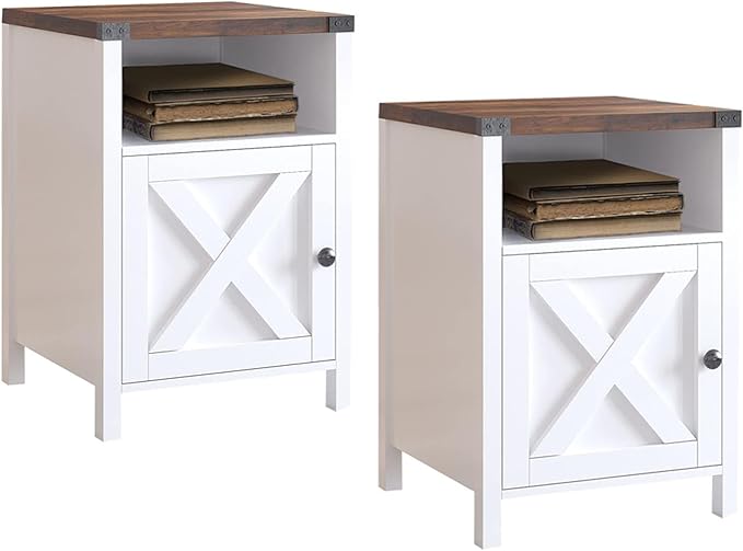 Catrimown Farmhouse End Table, Nightstand Set of 2, Rustic Night Stand with Barn Door and Storage Shelf, White End Table, Side Table for Bedroom Living Room, Cream White