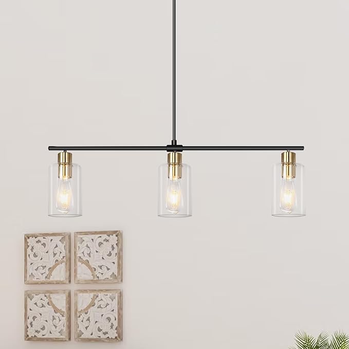 Kitchen Island Lighting, 3 Lights Linear Farmhouse Chandelier, Black and Gold Dining Room Light Fixture with Glass Shades, Modern Industrial Pendant Lights