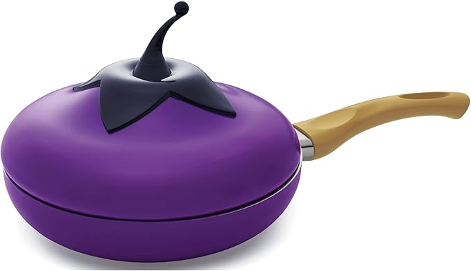 Montgomery Ward Novelty Fry Pan with Lid – Non Stick Aluminum Fry Pan Featuring Eggplant and Tomato Vegetable Design - Eggplant