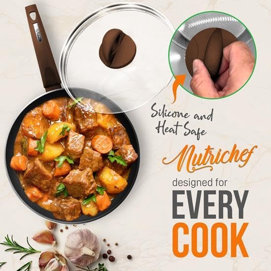 NutriChef 12-Piece Hard Anodized Nonstick Cookware Set - Induction Ready Pots & Pans with Elegant Ridge-Line Pattern, Heat-Resistant Lacquer, Brown