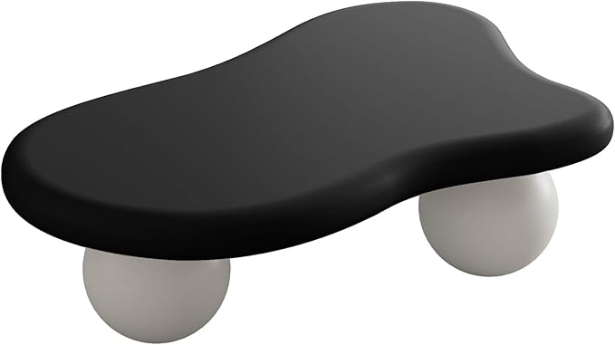 47.2” Cloud Coffee Table with 3 Ball Legs, Modern Lrregular Center Table for Living Room, Low Cute Small MDF Tea Table for Bedroom, Space Apartment-Black White