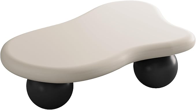47.2” Cloud Coffee Table with 3 Ball Legs, Modern Lrregular Center Table for Living Room, Low Cute Small MDF Tea Table for Bedroom, Space Apartment-White Black