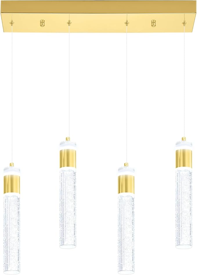 4-Light Crystal Column Chandelier Crystal Pendant Light Kitchen Island Modern Dimmable LED Ceiling Light for Dinning Room Living Room 32W Gold