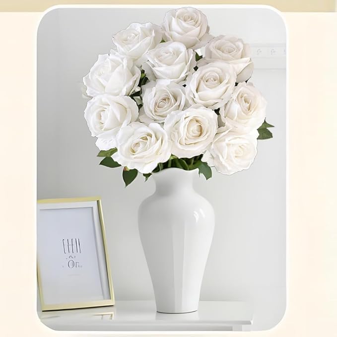 Jasion 12PCS Artificial Roses Realistic Velvet Silk Flowers Long Stem Faux Flowers Bouquet for Wedding Home Party Table Centerpieces Decorations (White)