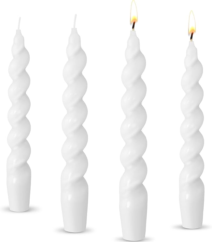 Zhengmy 4 Pcs Bright White Spiral Taper Candle 7 Inch Twisted Long Wax Dinner Candlestick for Fall Halloween Christmas Holiday Valentines Wedding Birthday Baby Shower Table Decor(Solid)