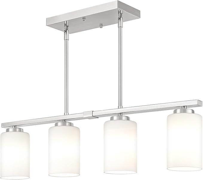 4-Light Kitchen Island Lighting, Brushed Nickel Dining Room Light Fixtures Over Table, Modern Farmhouse Chandeliers with Milky Glass Shade Pendant Light for Dining Room Kitchen Island