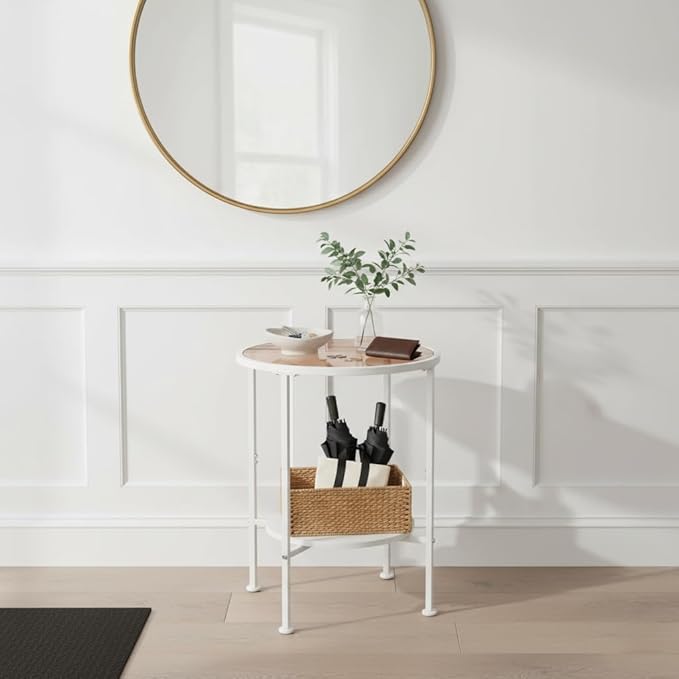 Tempered Glass Side Table with Storage Shelf for Small Spaces,16.15" 2 Tier Round Glass End Table, Small Side Table with Storage for Living Room,Round Bedside Table for Bedroom (White)
