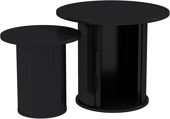 COSVALVE Nesting Coffee Table Set of 2 with Hidden Storage & Sliding Door, Circle Wood Coffee Table, Farmhouse Side & End Table Sets for Living Room, Small Spaces, Black