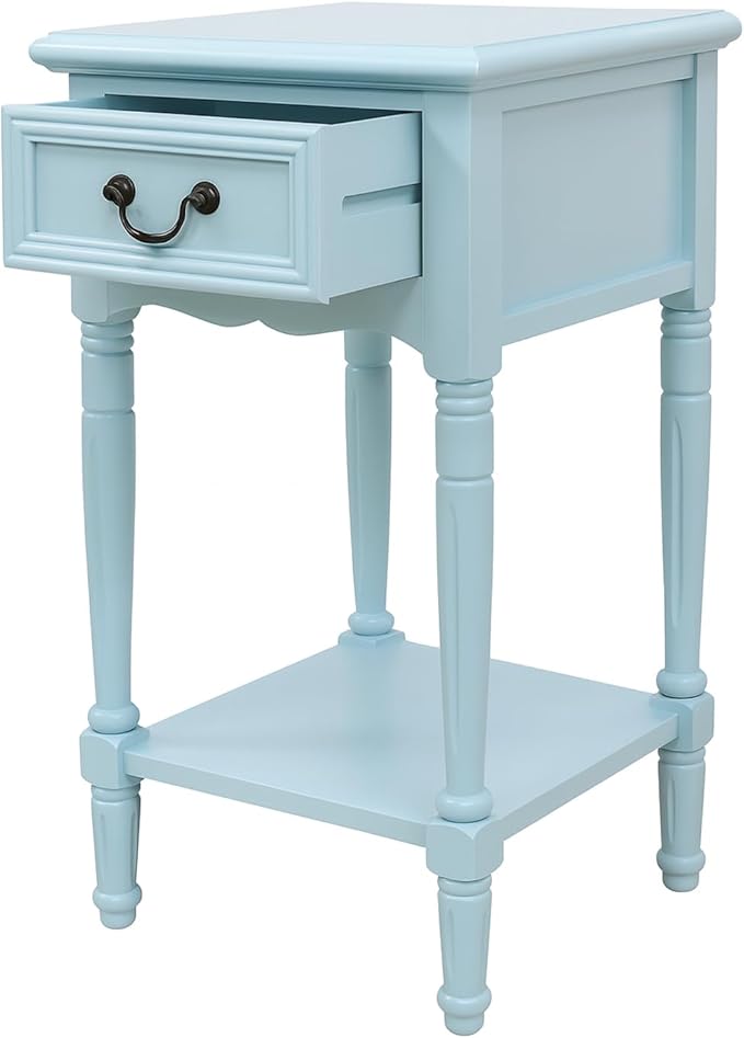 Urban Designs Wooden Accent Table/Nightstand with Drawer and Bottom Shelf – 29" H, 16" L x 16" W - Light Blue