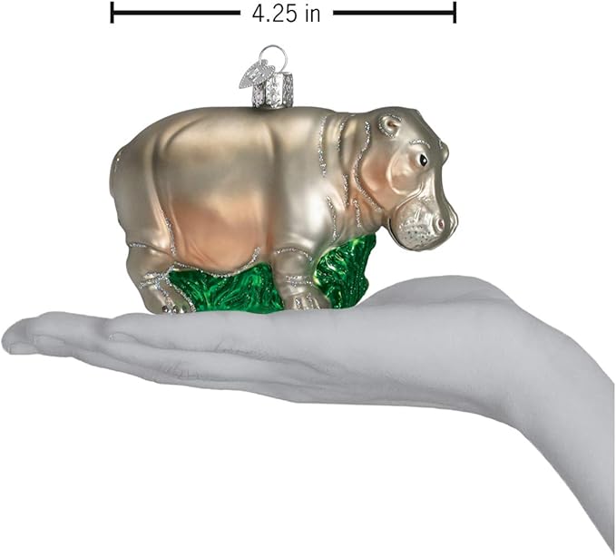 Old World Christmas Grey Hippopotamus Glass Blown Ornament for Christmas Tree, Handcrafted Holiday Decoration, Wildlife Animal Collection