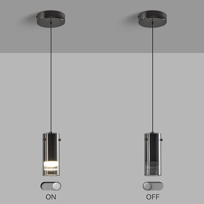Black Pendant Light Fixtures, Adjustable Modern LED Smoky Gray Glass Pendant Lights for Kitchen Island, Single Hanging Pendant Lighting for Dining Table Hallway Bedroom Living Room(3-Pack)