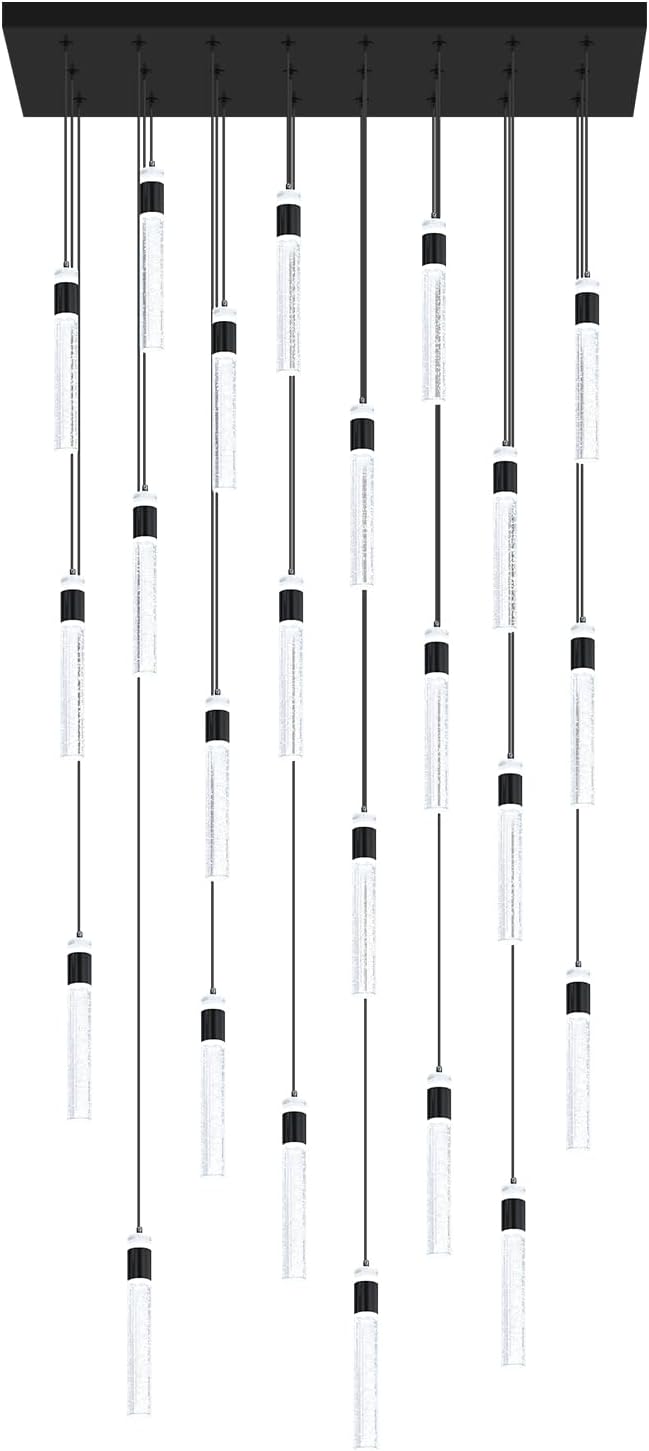 Glam Rectangular Crystal Column Chandelier for High Ceiling 24-Lights Black LED Dimmable Pendant Light for Kitchen Island Dining Room Entrance Foyer Living Room Adjustable Height