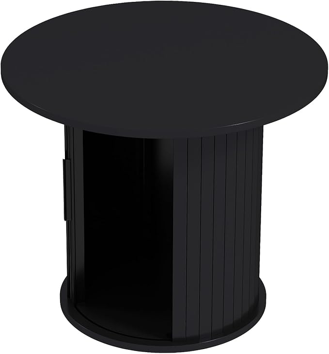 COSVALVE Round Wood Coffee Table 23.6IN with Hidden Storage & Sliding Door, Circle Farmhouse Side Table Sets for Living Room, Bedroom, Balcony, Small Spaces, Black