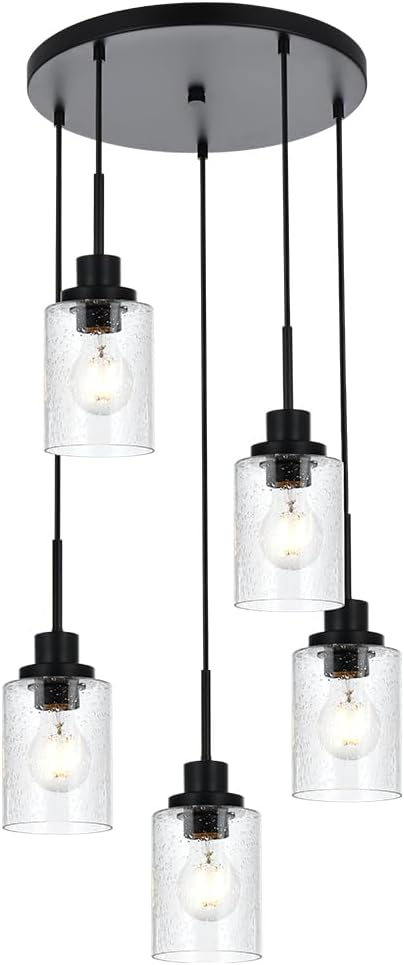 Pendant Light Fixture 5 Light Black Cluster Chandelier Seeded Glass Farmhouse Pendant Lighting for Kitchen Islands, Modern Dining Room House Foyer Entryway Bedroom Living Room Ceiling Lights
