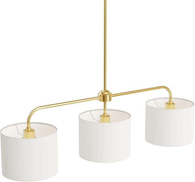 3-Light White Linen Drum Shade Chandelier with Polished Gold Metal Linear Pendant Light Fixture for Kitchen Island, Dining Table, E26, 180W
