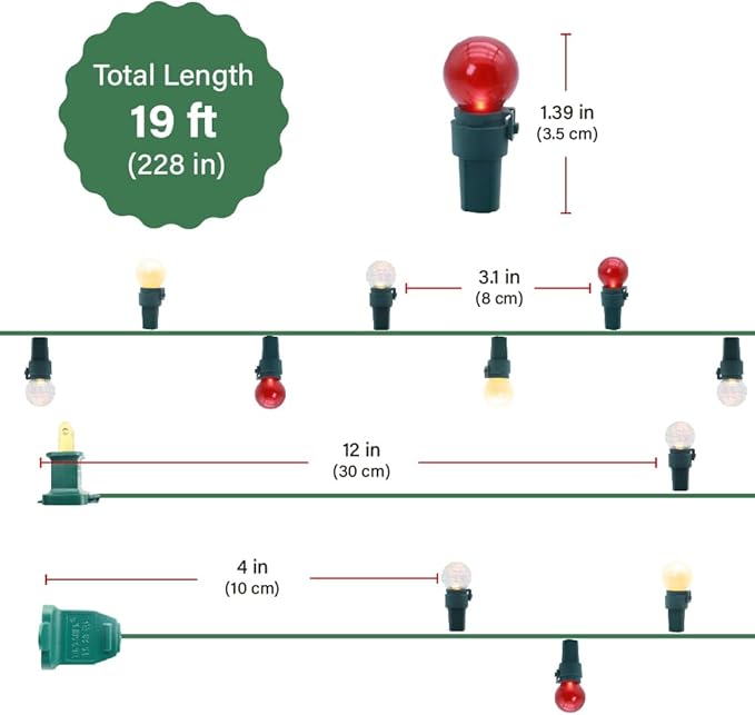 GlowVibe 70 Counts Red and White Christmas Lights, 19ft G15 Pearlized Glass Bulbs, ETL Certified LED Christmas Globe String Lights Plug-in, Indoor Xmas Tree Lights for Outdoor Xmas Home Decor