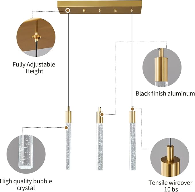 Kitchen Island Lighting Modern Light Fixture Gold Pendant Light Dimmable LED Gold Brass Finish Mini Crystal Pendant Lights for Dining Room Living Room(3-Light)