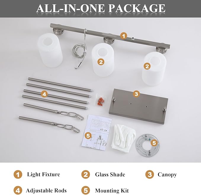 Island Light for Kitchen, Brushed Nickel Dining Room Light Fixture Over Table with Milk Glass Shade, 3-Light Linear Chandelier Pendant Lighting for Dining Table Kitchen Island Living Room