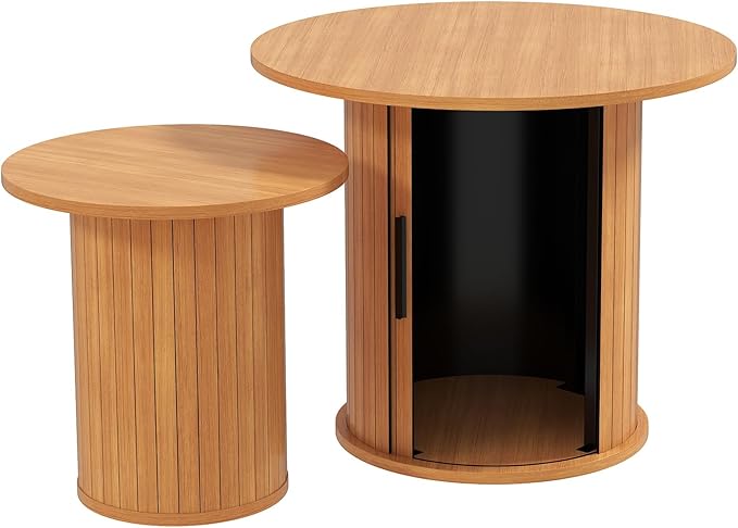 COSVALVE Nesting Coffee Table Set of 2 with Hidden Storage & Sliding Door, Circle Wood Coffee Table, Farmhouse Side & End Table Sets for Living Room, Small Spaces, Natural
