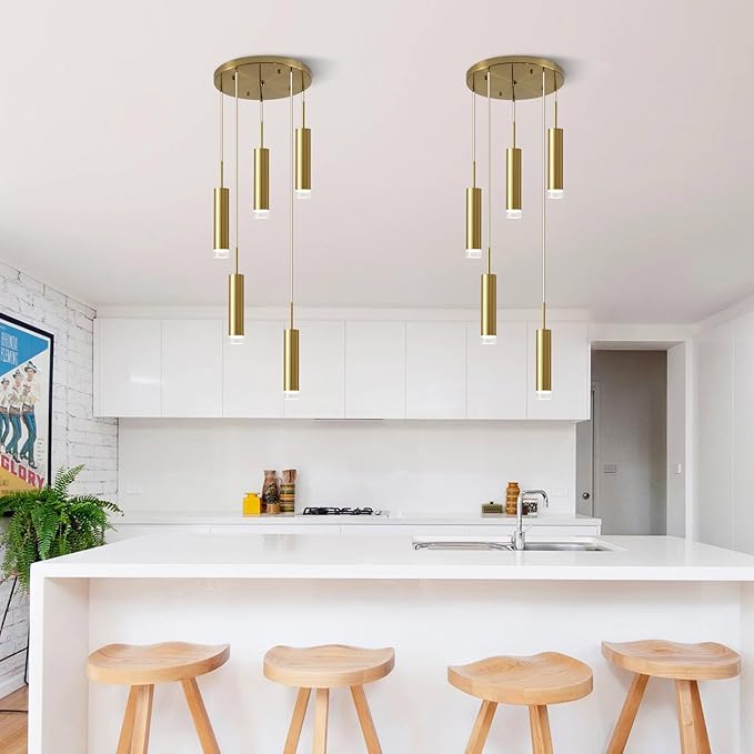 KCO Lighting 5 Lights Cluster Pendant Lighting Cylinder Gold Pendant Light Mid Century Modern Hanging Ceiling Light Fixture for Living Room Kitchen Island Hallway