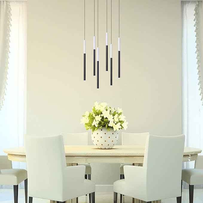 ALTAIR 6 Mini Pendant Lighting White-Black - LED Hanging Light Fixture for Kitchen Island, Bar, Foyer - Cluster Pendants - Dimmable, Adjustable Wire, Lamp Bulb Included