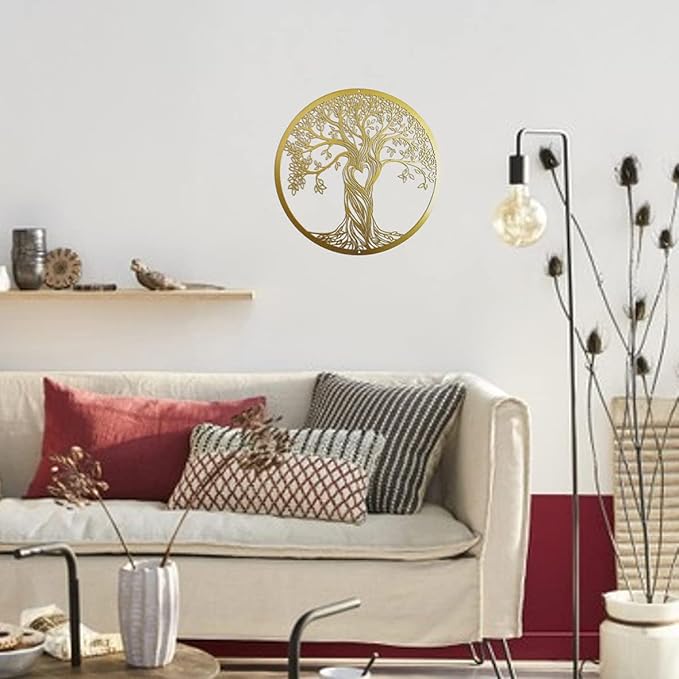 Metal Wall Decor, Tree Art Wall Sculpture, Metal Wall Art Hanging for Living Room Bedroom Indoor Outdoor, Laser Cut Rustic Black Tree of Life, 12 Inches (30 CM) (Gold, Small)