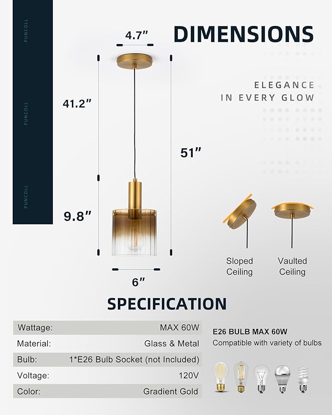 Gold Pendant Light Fixtures Kitchen Island - Pendant Hanging Light with Gradient Color Glass for Kitchen Sink Dining Room Bedroom, H3959-1-COBG