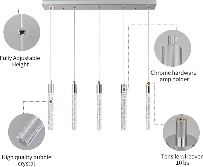 Kitchen Island Lighting Modern Light Fixture Chrome Pendant Light Dimmable LED Chrome Finish Mini Crystal Pendant Lights for Dining Room Living Room(5-Light)