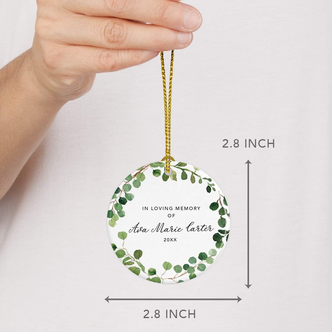 Andaz Press Personalized Round Ceramic Porcelain Christmas Tree Keepsake Gift, in Loving Memory of Ava Marie Carter, Farmhouse Eucalyptus Wreath, 1-Pack, Custom Memorial Bereavement Gift Ideas