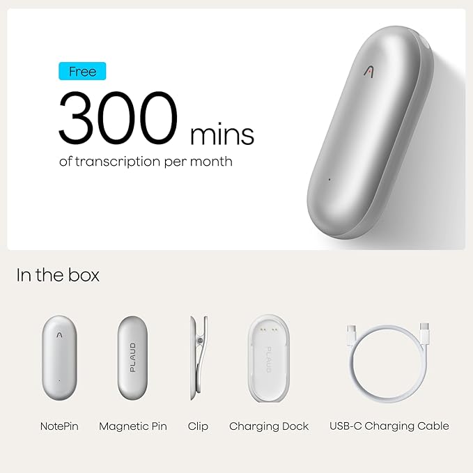 Plaud NotePin Voice Recorder, AI Voice Recorder, App Control, AI Notetaker, AI Transcribe & Summarize, Support 112 Languages, 64GB Memory, Audio Recorder for Lectures, Meetings, Lunar Silver