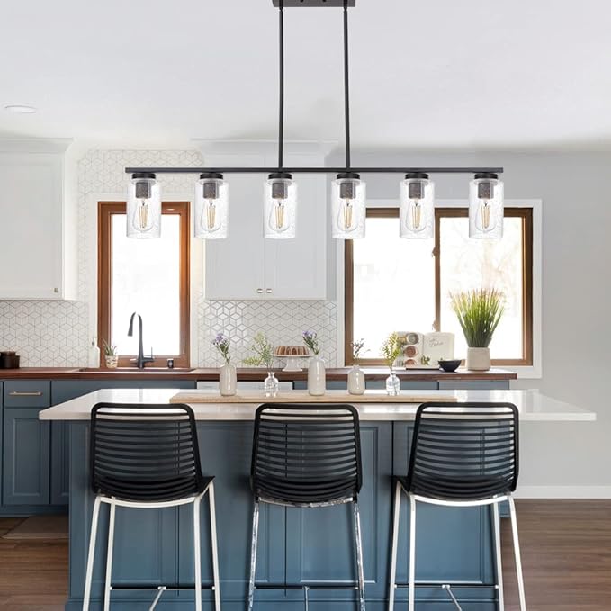TODOLUZ 6-Lights Kitchen Island Pendant Light Fixture in Black Finish, Linear Hanging Ceiling Lighting Dining Room Chandelier with Seeded Glass Shade