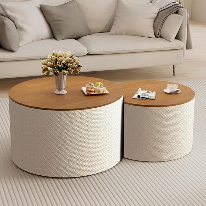 Nesting Coffee Table Set of 2 Modern Round Coffee Table with Hidden Storage Round Side Table Drum Accent End Tables for Living Room, Bedroom (White)