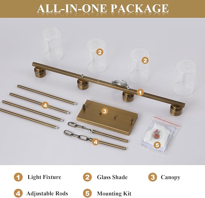 Island Light for Kitchen, Brushed Brass Dining Room Light Fixture Over Table, 4-Light Linear Chandelier Pendant Lighting for Dining Table Kitchen Island Living Room