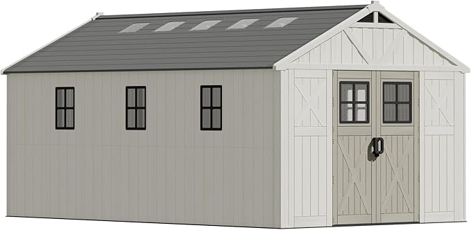 Devoko 10x16 FT Resin Outdoor Storage Shed with Floor, Plastic Tool Garden Shed with Windows & Lockable Door, Outside Large Storage Shed for Patio Backyard Lawn, Beige
