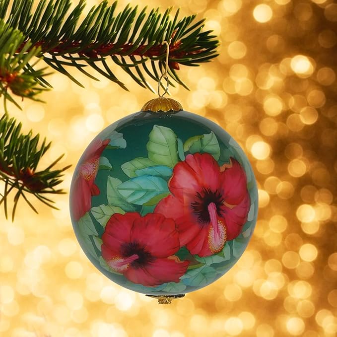 Collectible Maui Christmas Ornament Red Hibiscus Hand Painted from Inside The Glass with Gift Box HCC/M