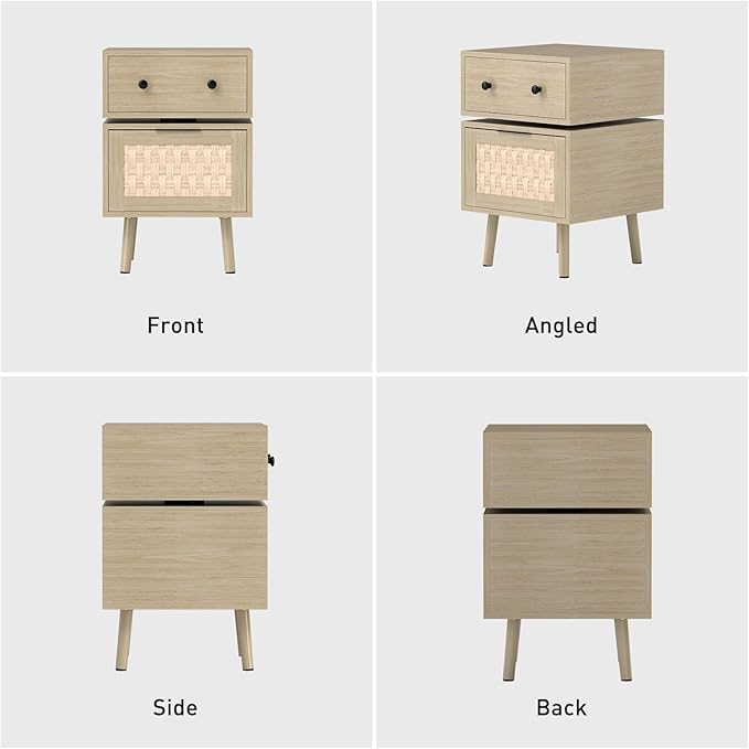 Bonzy Home Nightstand with Storage, 23" Side Table with Woven Doors, Bedside Table with 360° Rotating for Living Room, Bedroom, Oak