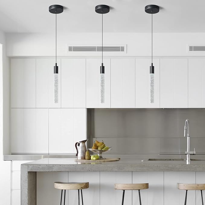 Modern Kitchen Island Pendant Light Dimmable LED Black Finish Mini Crystal Pendant Lighting Bedroom Bedside Table Small Pendant Lights(2-Pack)
