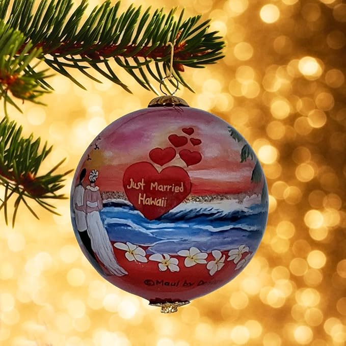 Just Married in Hawaii Collectible Hawaiian Ornament Hand-Painted Glass with Gift Box JMP/H