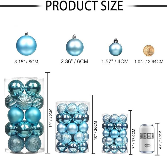 XmasExp 24ct Christmas Ball Ornaments Shatterproof Christmas Ornaments Set Decorations for Xmas Tree Balls 40mm/1.57" (1.57'', Lake Blue)