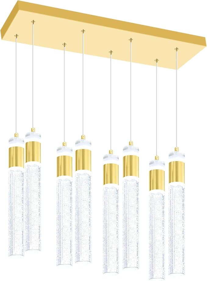 8-Lights Gold Hanging Pendant Light for Kitchen Island Modern Dimmable LED Crystal Chandeliers for Dining Room Bedroom Living Room Over Table Adjustable Height