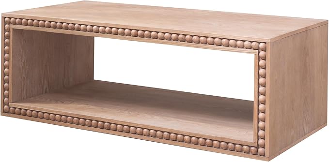 Rectangular Coffee Table with Real Wood Beads, Rustic Wooden Center Table with Open Storage Shelf, Farmhouse Tea Table for Living Room Apartment Office,47.6" L x 23.7" W x 17" H