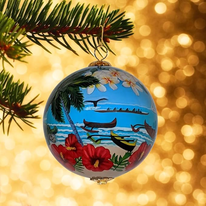 Maui Beach Life Collectible Hawaiian Ornament Hand-Painted Glass with Gift Box NB/M