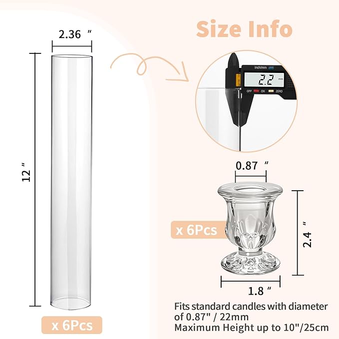 CHILL RECIPE Glass Hurricane Candlestick Holders Clear 12" Tall Cylinder Candleholder Chimney Tube, Floral Taper Crystal Candle Stick Holder for Birthday Wedding Christmas Home Decor(1 Set 6Pcs)