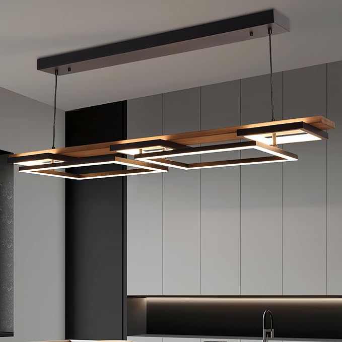 Vintage Wood LED Kitchen Island Light, 65W Stepless CCT Adjustable & Dimmable 47'' 2-Layer Wood Pendant Light Fixture with Remote, Ceiling Mounted Hanging Lamp for Dining Room, Bedroom,Black