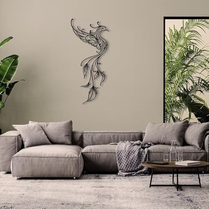 NORTH KAISER Metal Wall Art | Minimalist Phoniex Wall Decor | Black Wall Sculpture for Bedroom Living Room Home Office (59'' x 25.9'' IN)