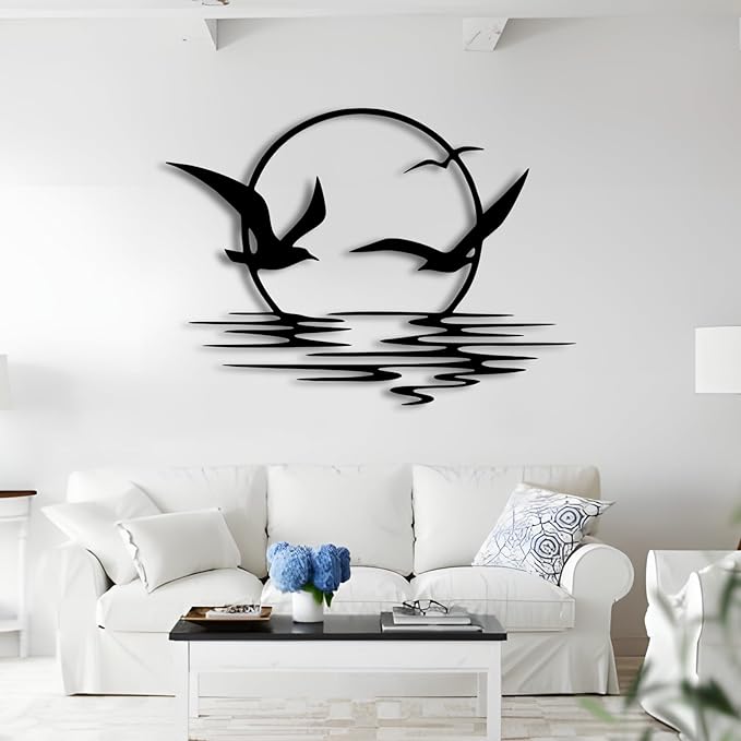 kuestboy Metal Wall Art of Sunrise and Seagulls, Modern Coastal Sculpture for Living Room, Bedroom, Office Decor,Black Wall Decor (30" X 21" | 76 X 54cm)